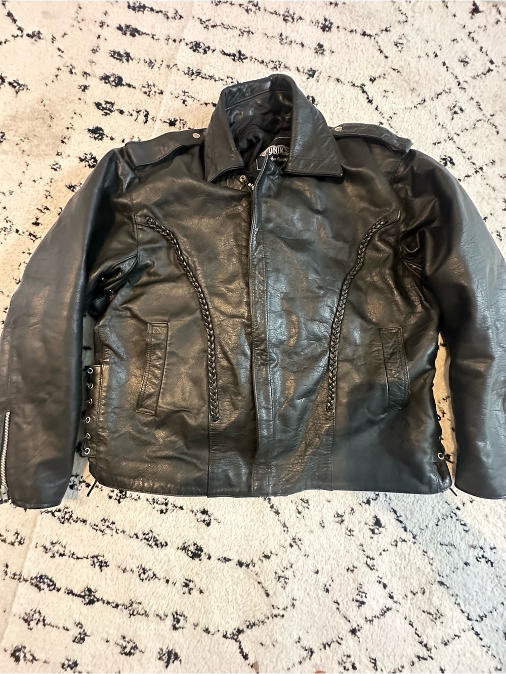 Vintage Unik Sz 56 Insulated Black Braided Leather Motorcycle Jacket